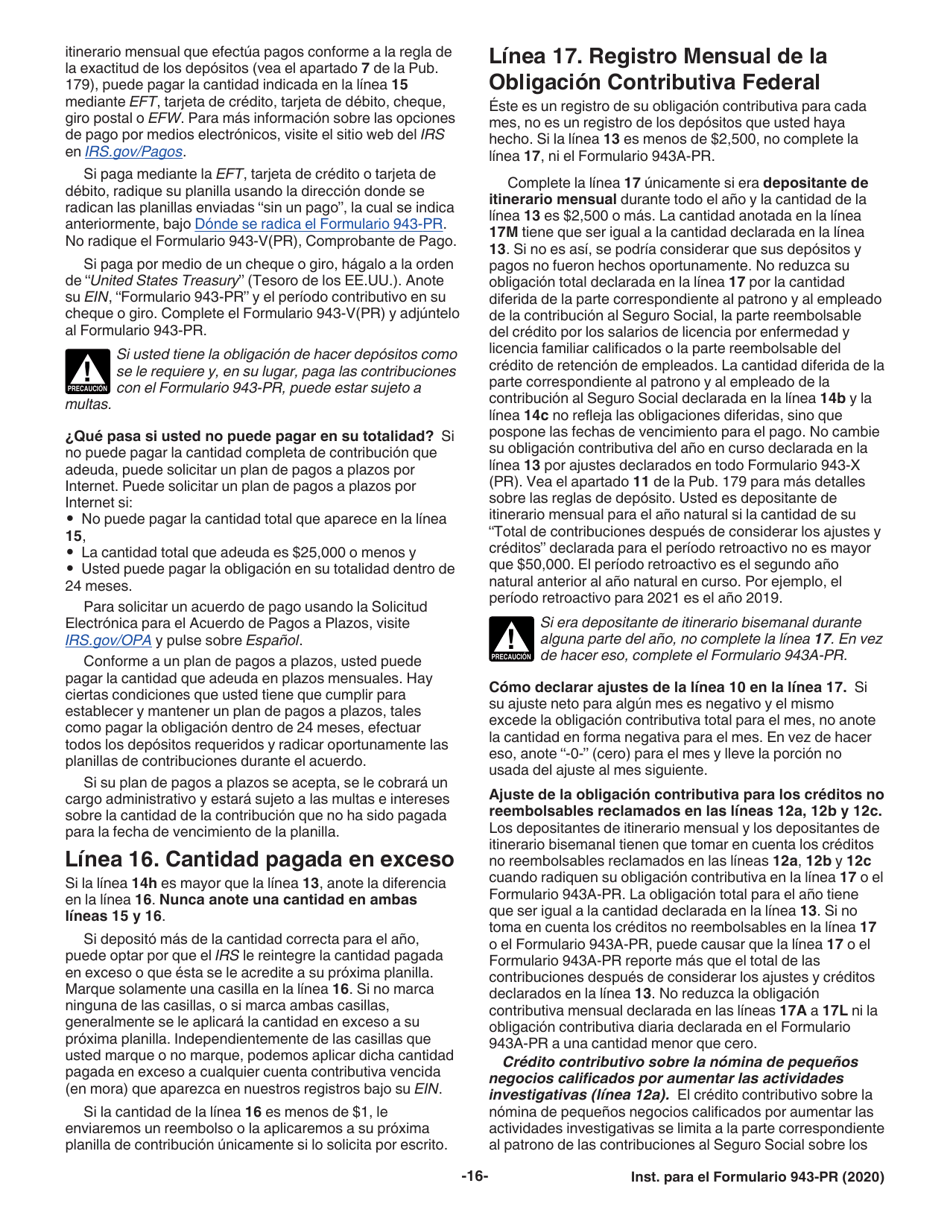 Instrucciones para IRS Formulario 943-PR Planilla Para La Declaracion Anual De La Contribucion Federal Del Patrono De Empleados Agricolas (Puerto Rican Spanish), Page 16
