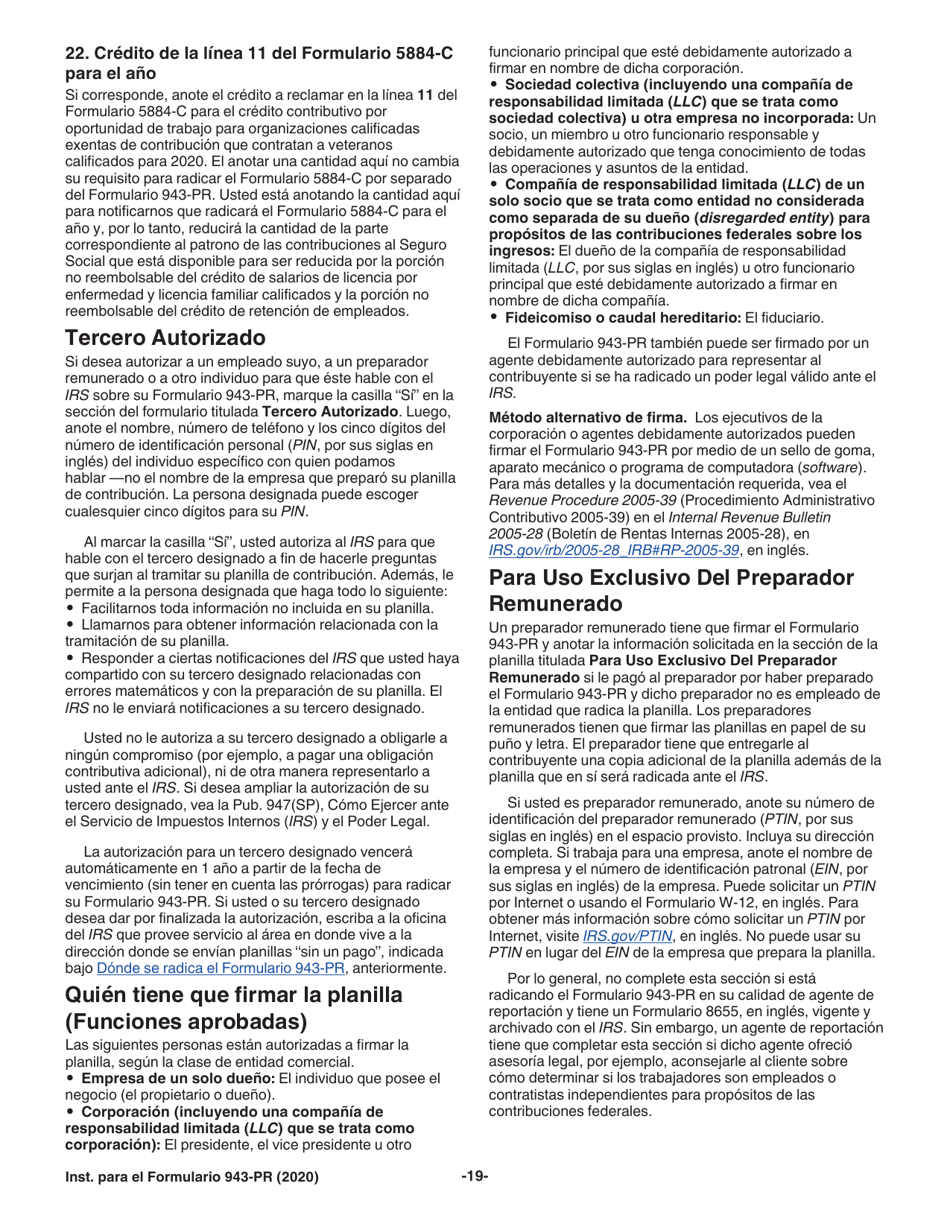 Instrucciones para IRS Formulario 943-PR Planilla Para La Declaracion Anual De La Contribucion Federal Del Patrono De Empleados Agricolas (Puerto Rican Spanish), Page 19