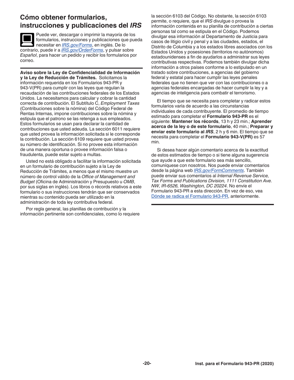 Instrucciones para IRS Formulario 943-PR Planilla Para La Declaracion Anual De La Contribucion Federal Del Patrono De Empleados Agricolas (Puerto Rican Spanish), Page 20