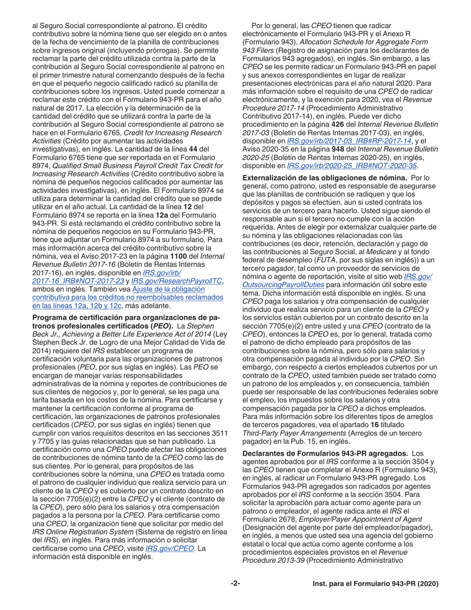 Instrucciones para IRS Formulario 943-PR Planilla Para La Declaracion Anual De La Contribucion Federal Del Patrono De Empleados Agricolas (Puerto Rican Spanish), Page 2