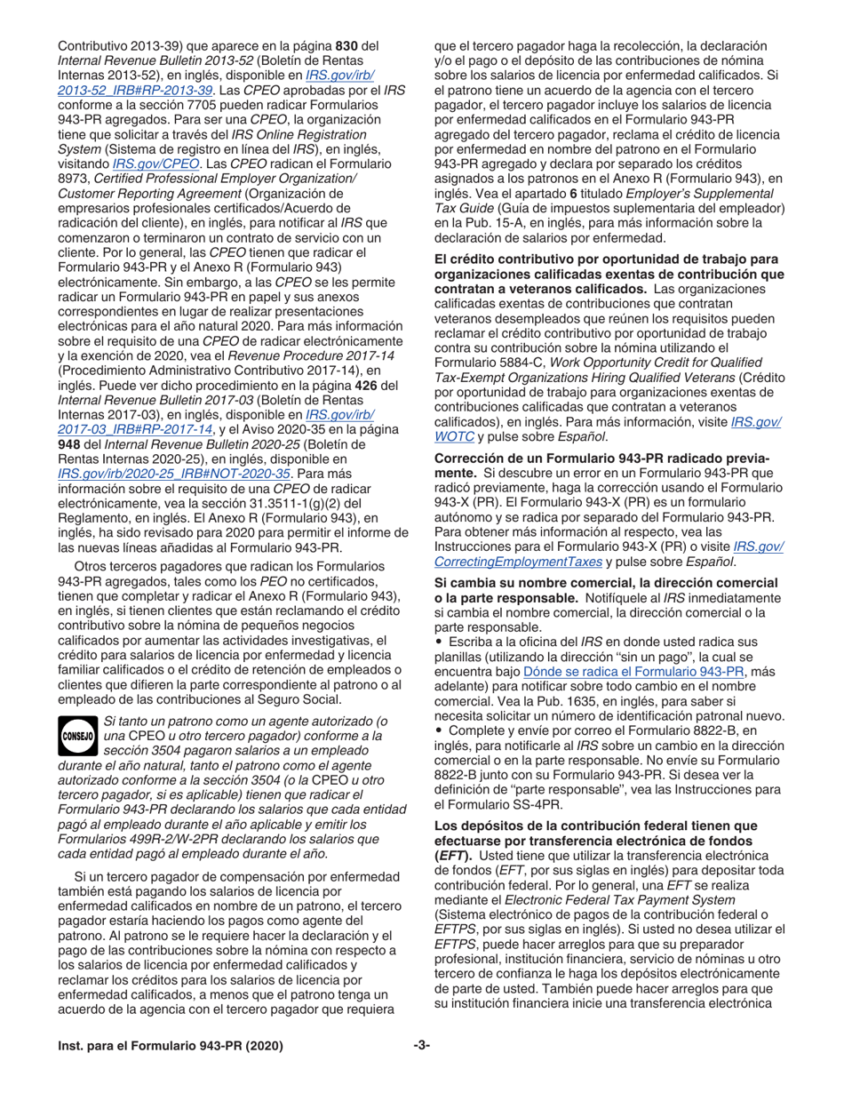 Instrucciones para IRS Formulario 943-PR Planilla Para La Declaracion Anual De La Contribucion Federal Del Patrono De Empleados Agricolas (Puerto Rican Spanish), Page 3