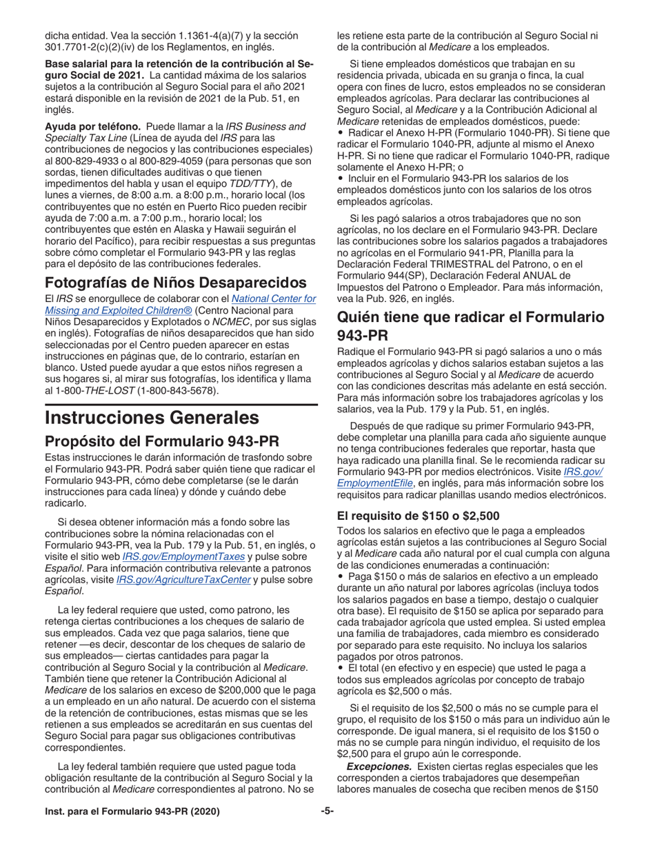 Instrucciones para IRS Formulario 943-PR Planilla Para La Declaracion Anual De La Contribucion Federal Del Patrono De Empleados Agricolas (Puerto Rican Spanish), Page 5