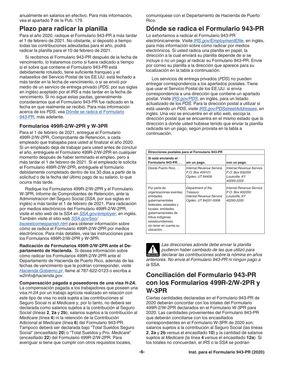 Instrucciones para IRS Formulario 943-PR Planilla Para La Declaracion Anual De La Contribucion Federal Del Patrono De Empleados Agricolas (Puerto Rican Spanish), Page 6