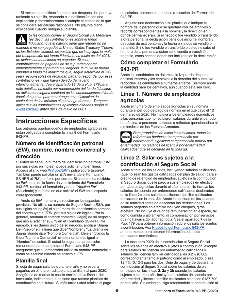 Instrucciones para IRS Formulario 943-PR Planilla Para La Declaracion Anual De La Contribucion Federal Del Patrono De Empleados Agricolas (Puerto Rican Spanish), Page 8