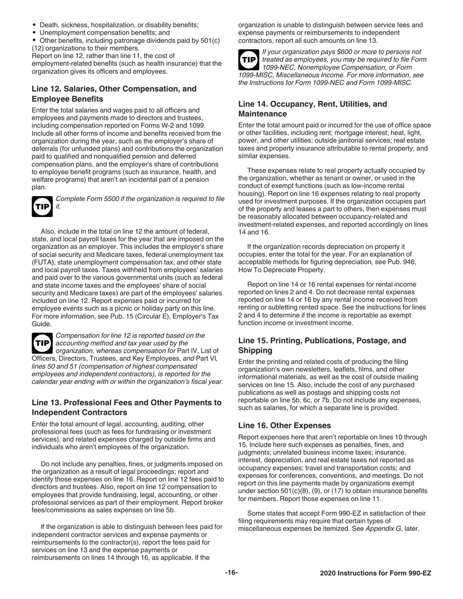 Instructions for IRS Form 990-EZ Short Form Return of Organization Exempt From Income Tax, Page 16