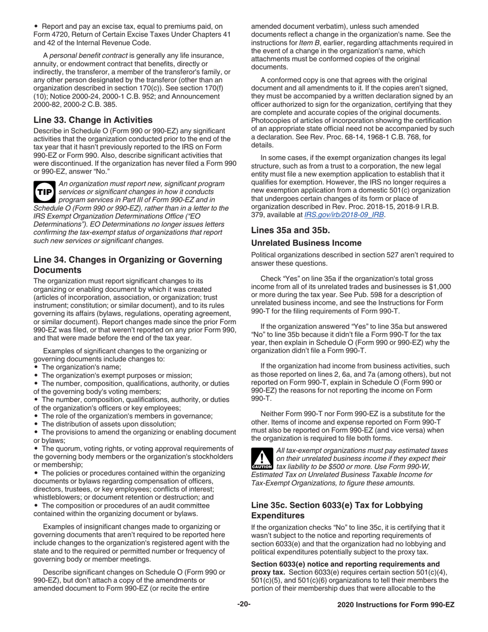 Instructions for IRS Form 990-EZ Short Form Return of Organization Exempt From Income Tax, Page 20