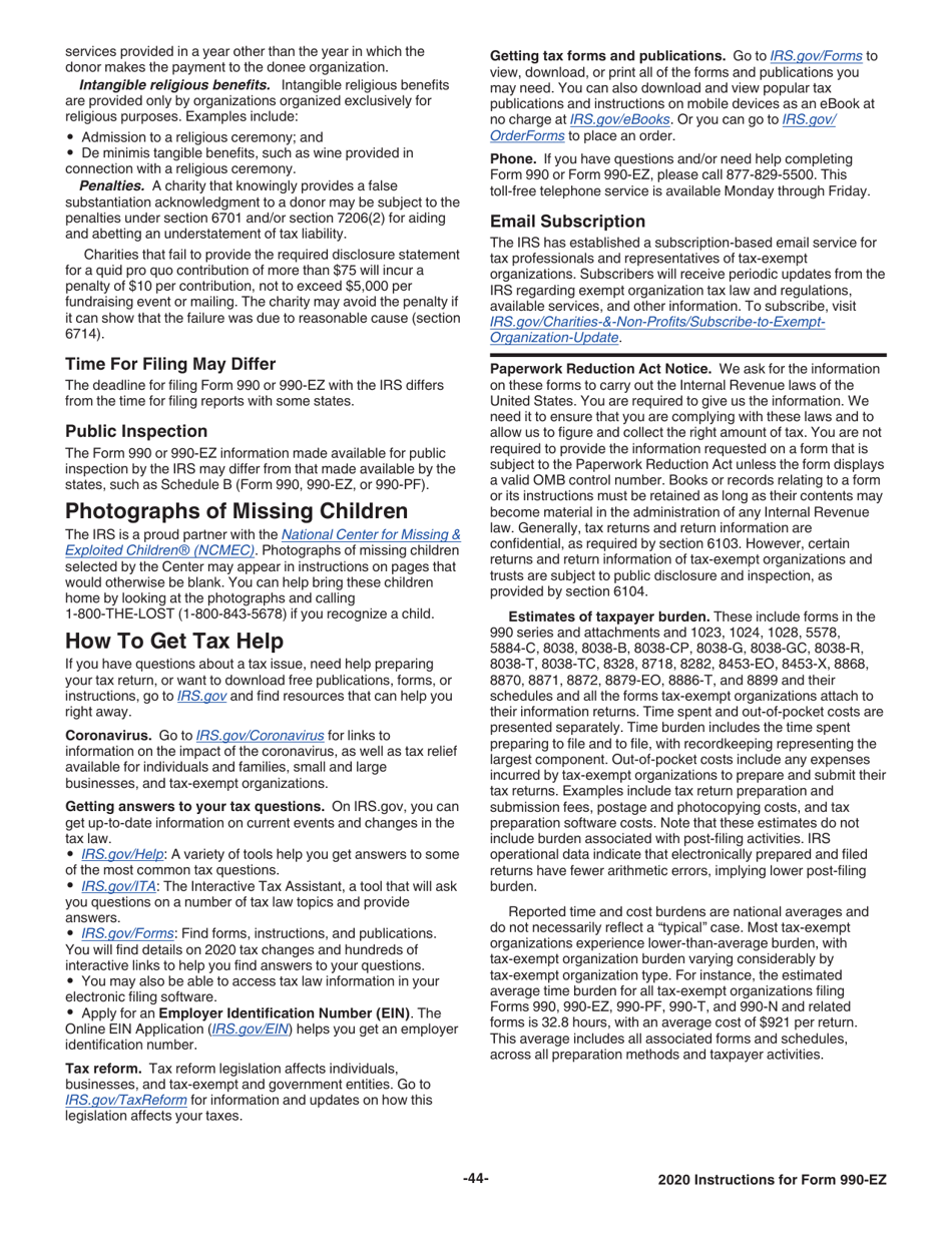 Instructions for IRS Form 990-EZ Short Form Return of Organization Exempt From Income Tax, Page 44