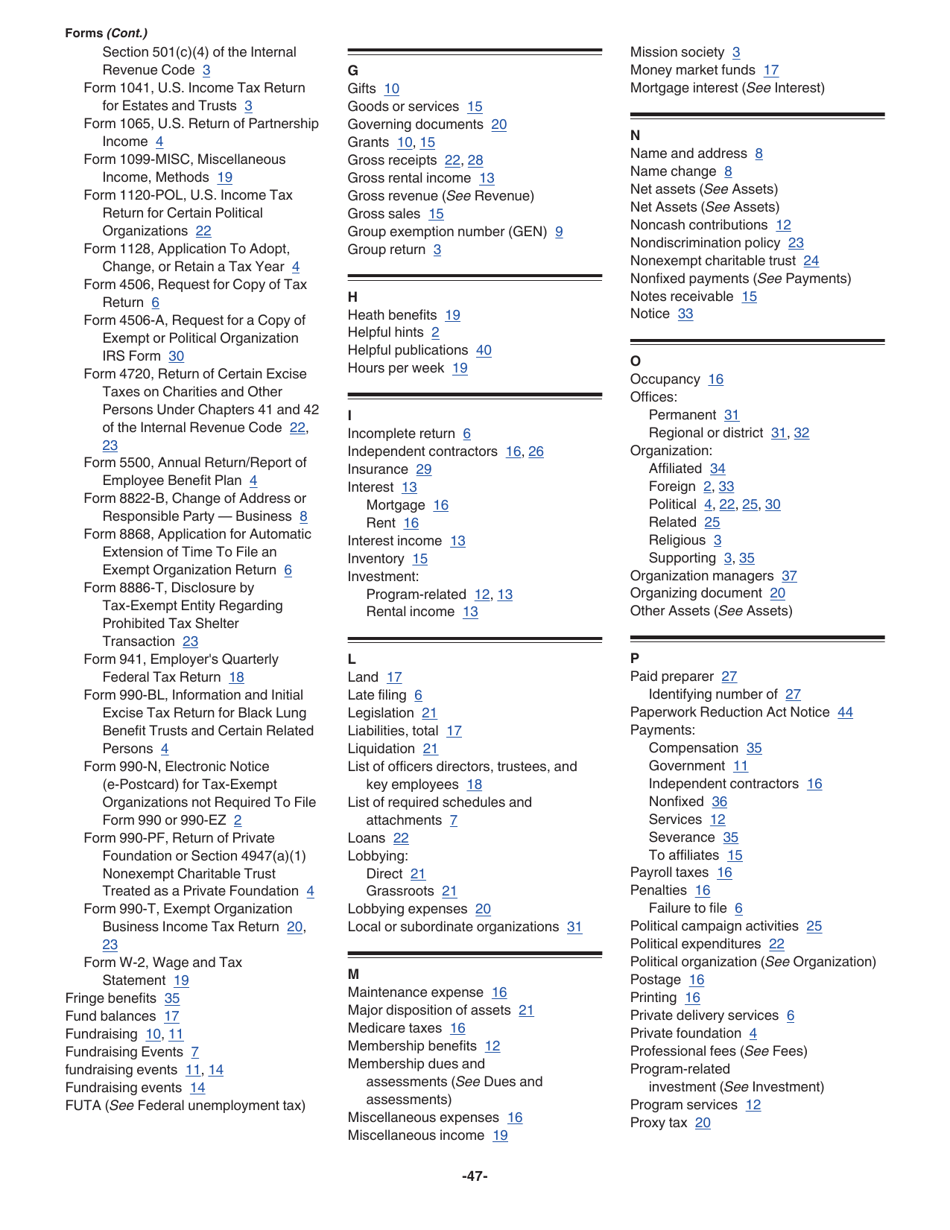 Instructions for IRS Form 990-EZ Short Form Return of Organization Exempt From Income Tax, Page 47