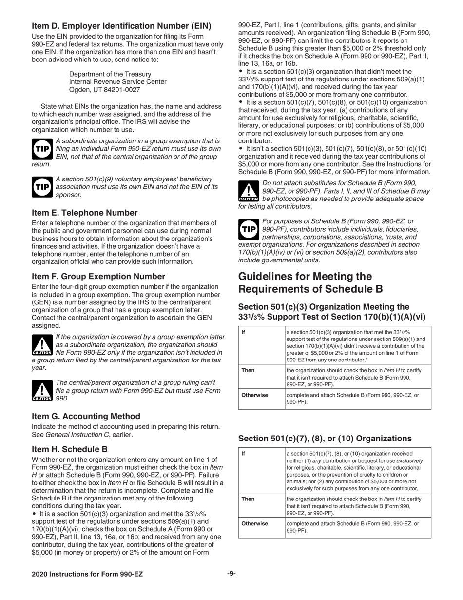 Instructions for IRS Form 990-EZ Short Form Return of Organization Exempt From Income Tax, Page 9