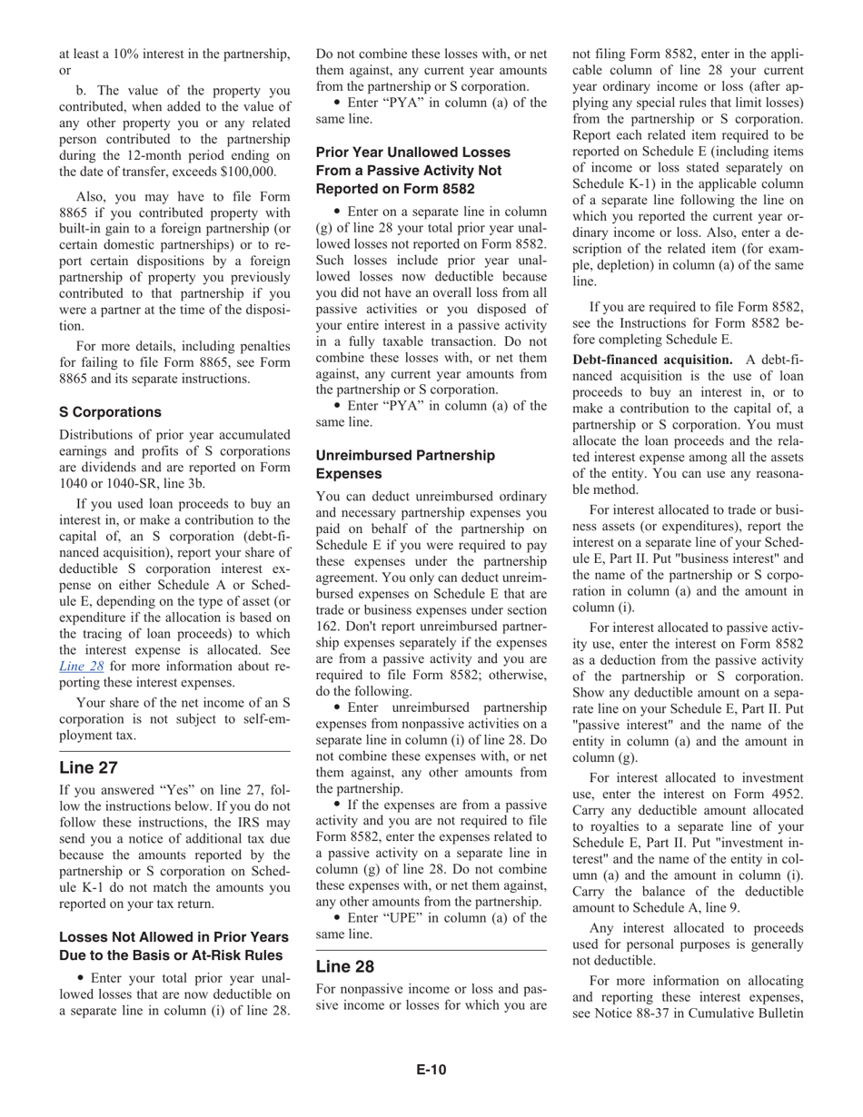 Instructions for IRS Form 1040 Schedule E Supplemental Income and Loss, Page 10