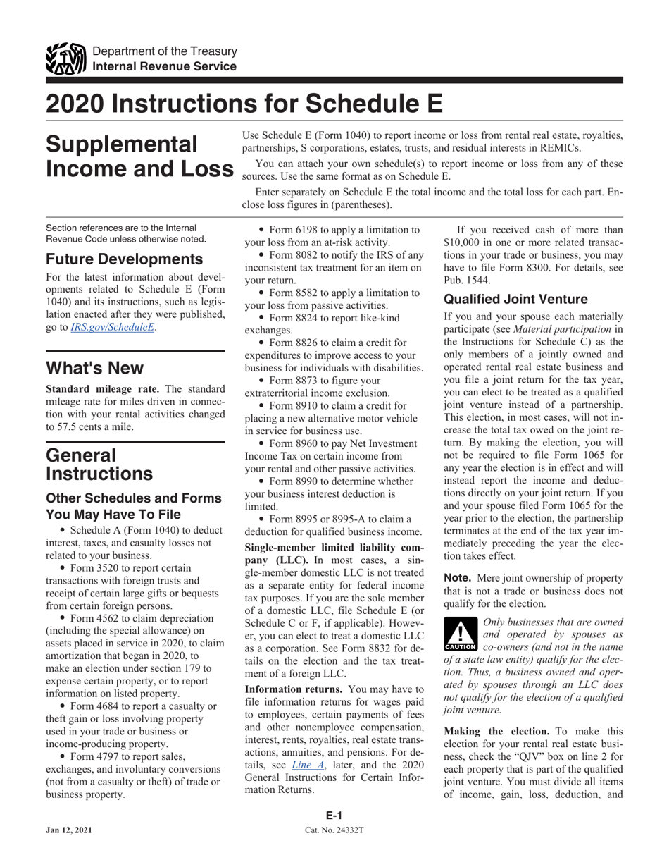 Instructions for IRS Form 1040 Schedule E Supplemental Income and Loss, Page 1