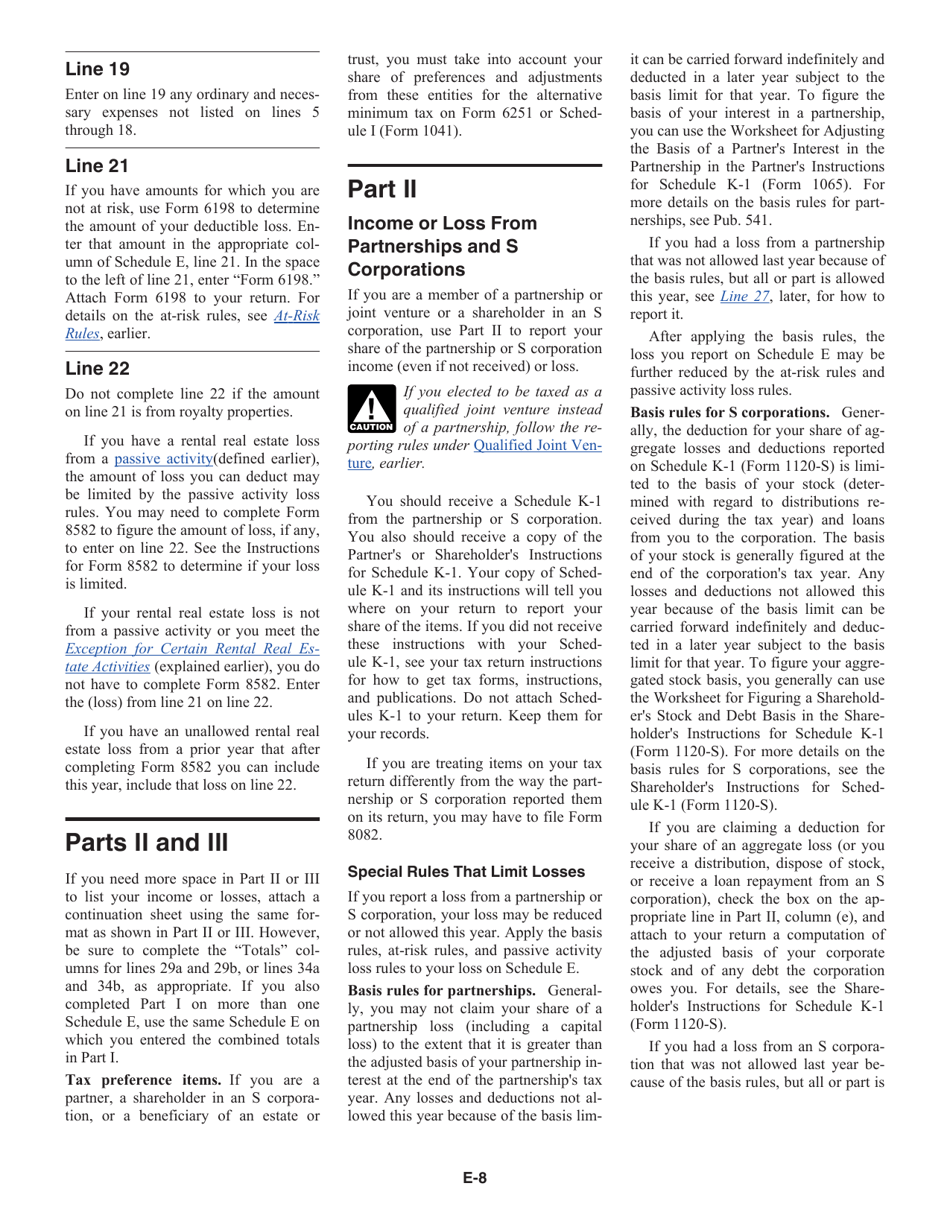 Instructions for IRS Form 1040 Schedule E Supplemental Income and Loss, Page 8