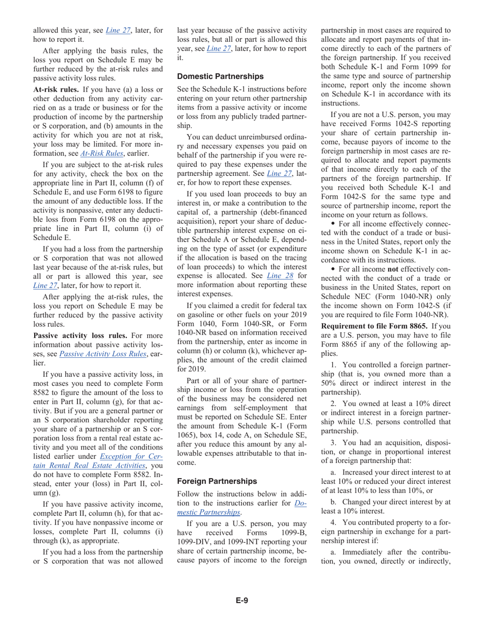 Instructions for IRS Form 1040 Schedule E Supplemental Income and Loss, Page 9