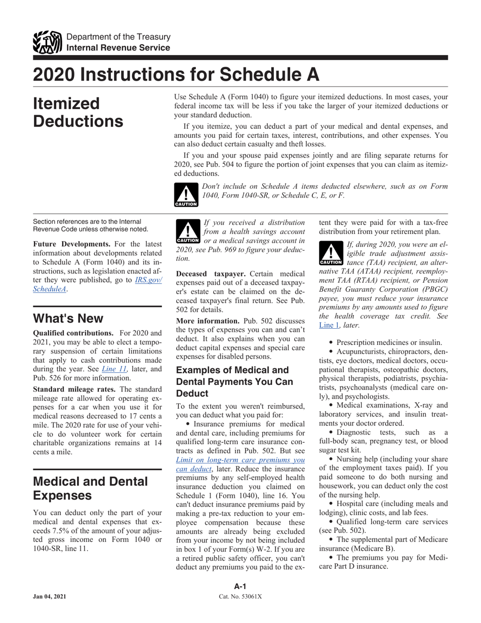 Instructions for IRS Form 1040 Schedule A Itemized Deductions, Page 1
