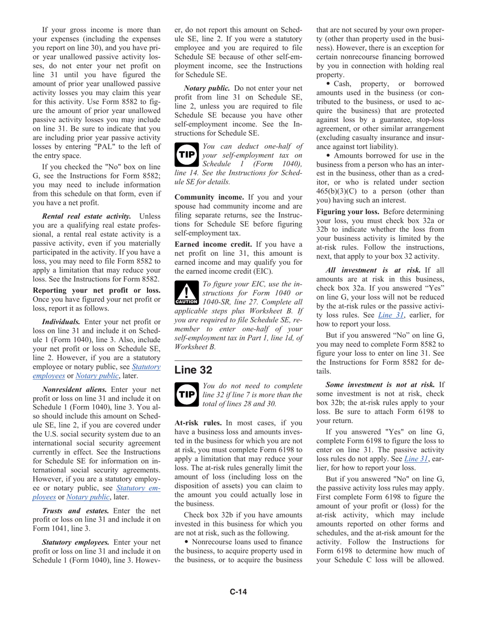 Instructions for IRS Form 1040 Schedule C Profit or Loss From Business, Page 14