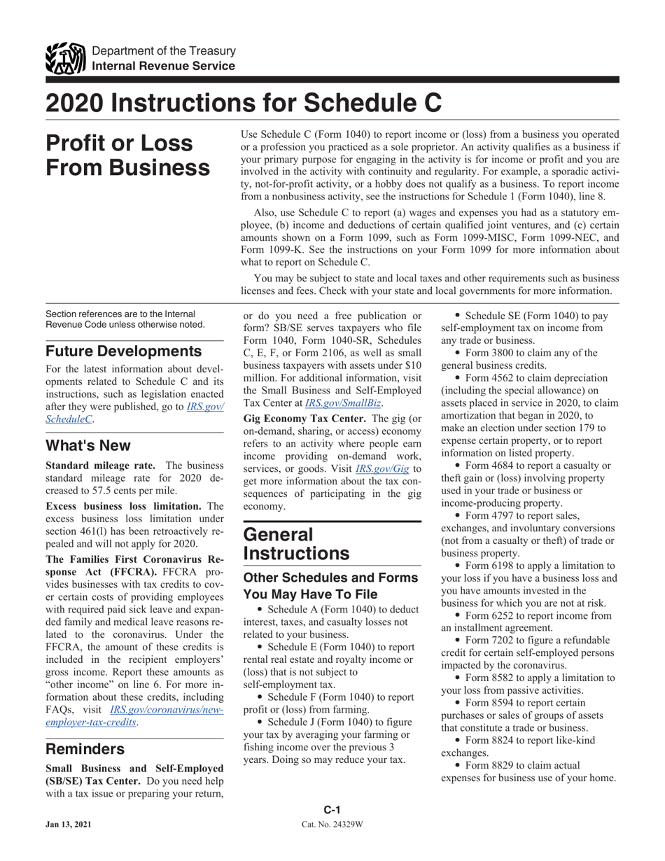 Instructions for IRS Form 1040 Schedule C Profit or Loss From Business, Page 1
