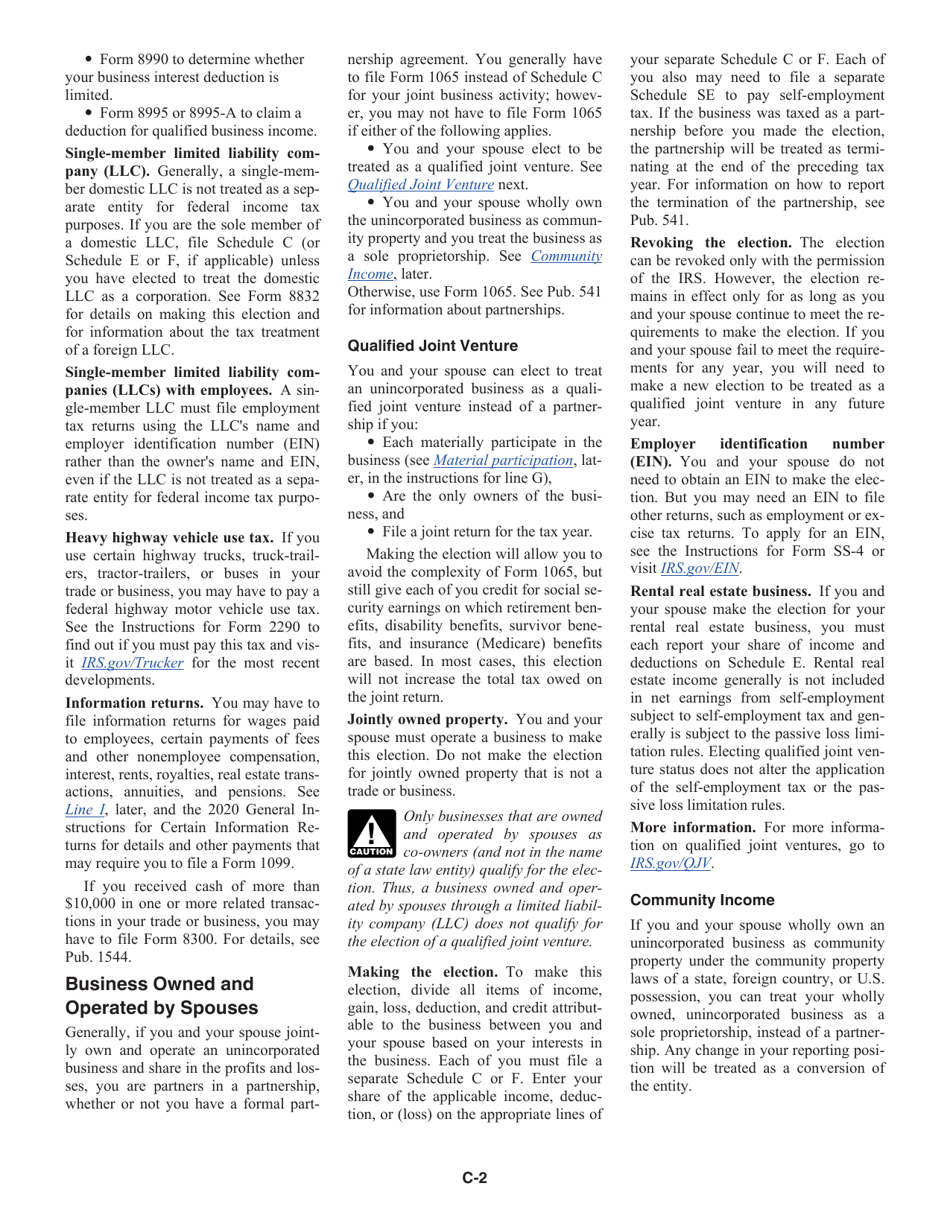 Instructions for IRS Form 1040 Schedule C Profit or Loss From Business, Page 2