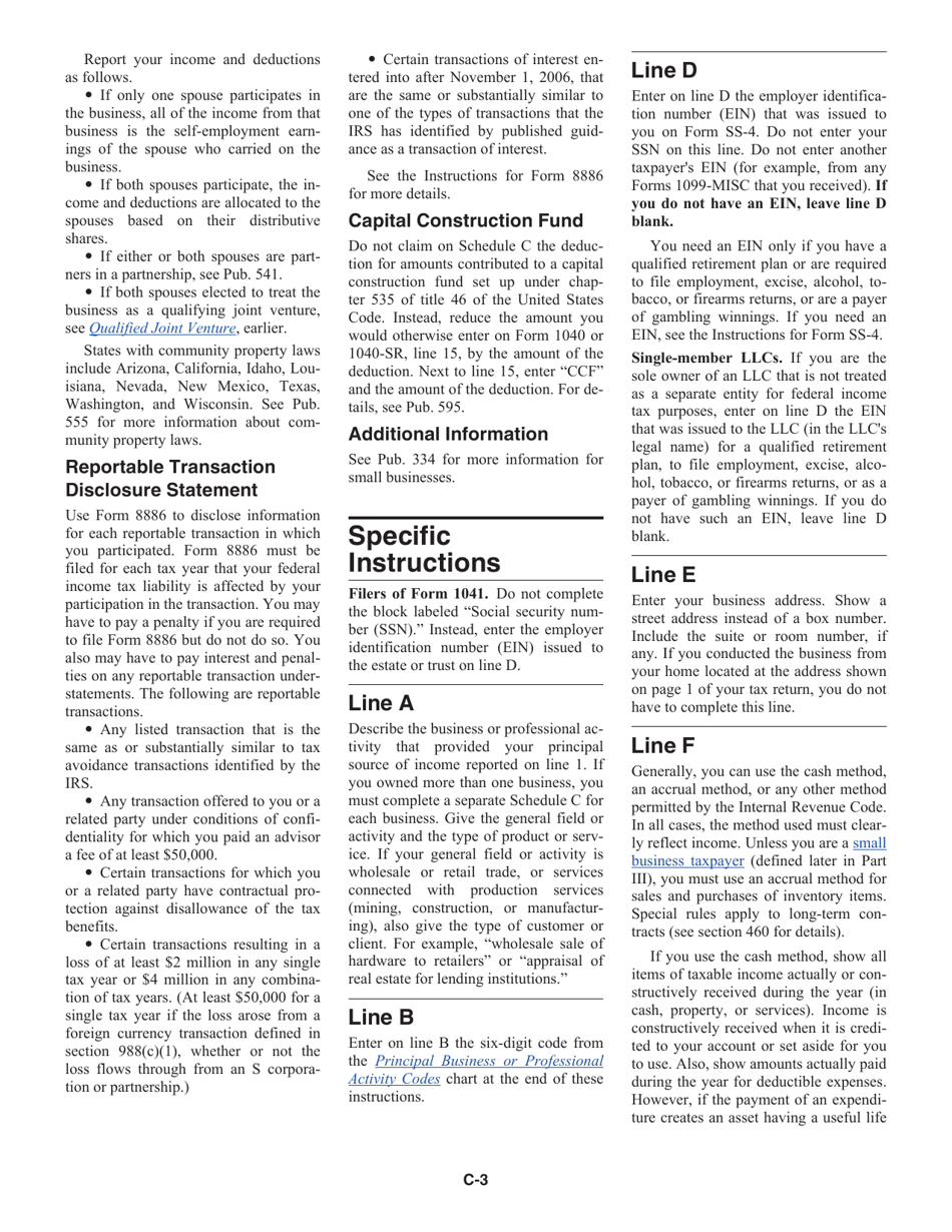 Instructions for IRS Form 1040 Schedule C Profit or Loss From Business, Page 3