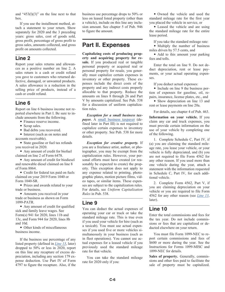 Instructions for IRS Form 1040 Schedule C Profit or Loss From Business, Page 6
