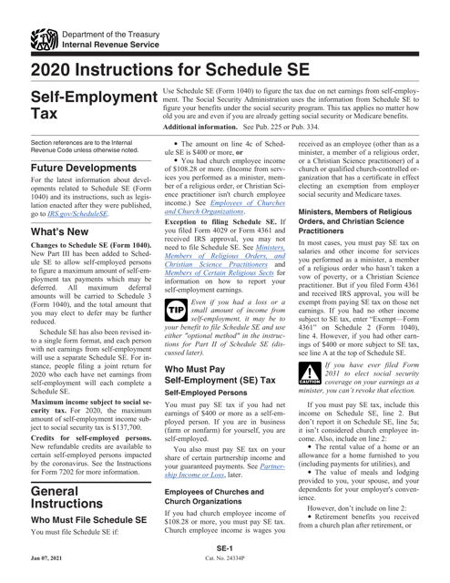 Download Instructions for IRS Form 1040 Schedule SE Self-employment Tax PDF, 2020 | Templateroller