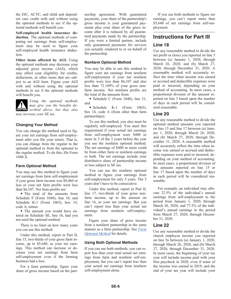 Instructions for IRS Form 1040 Schedule SE Self-employment Tax, Page 6