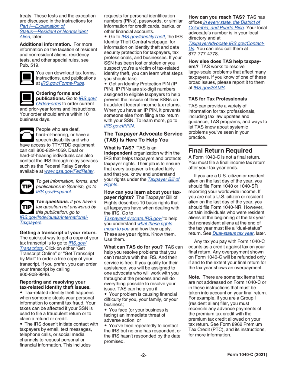Instructions for IRS Form 1040-C U.S. Departing Alien Income Tax Return, Page 2