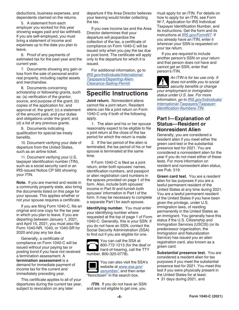 Instructions for IRS Form 1040-C U.S. Departing Alien Income Tax Return, Page 4