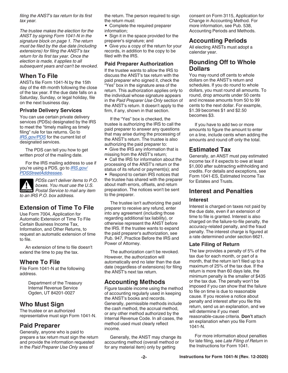 Instructions for IRS Form 1041-N U.S. Income Tax Return for Electing Alaska Native Settlement Trusts, Page 2