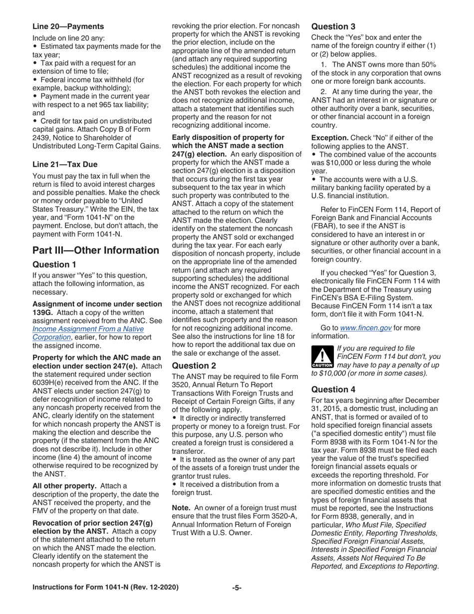 Instructions for IRS Form 1041-N U.S. Income Tax Return for Electing Alaska Native Settlement Trusts, Page 5