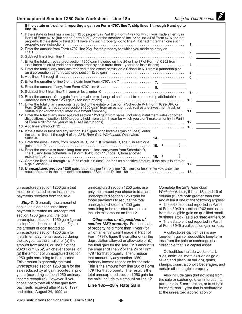 Download Instructions for IRS Form 1041 Schedule D Capital Gains and