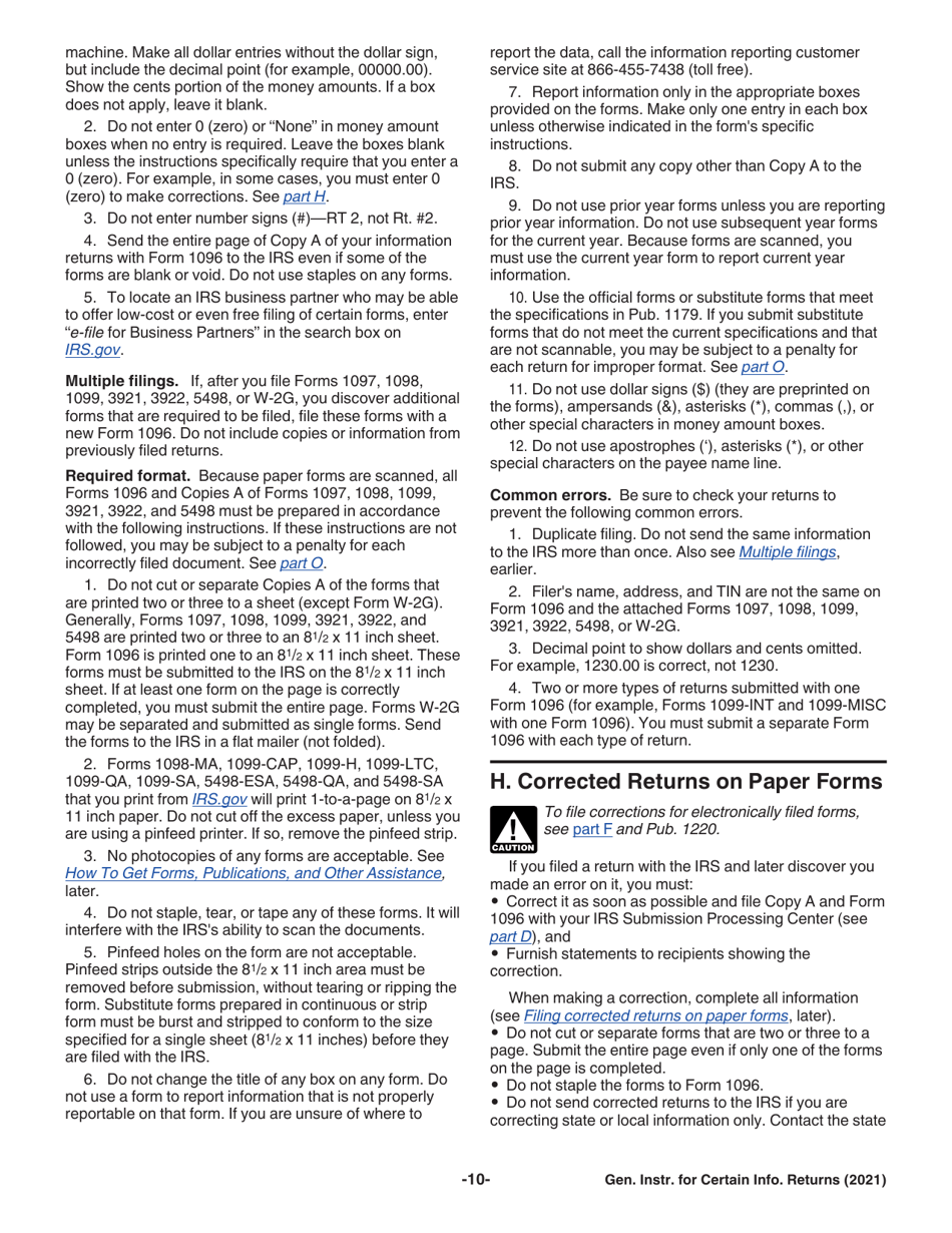 Instructions for IRS Form 1096, 1097, 1098, 1099, 3921, 3922, 5498, W-2G, Page 10