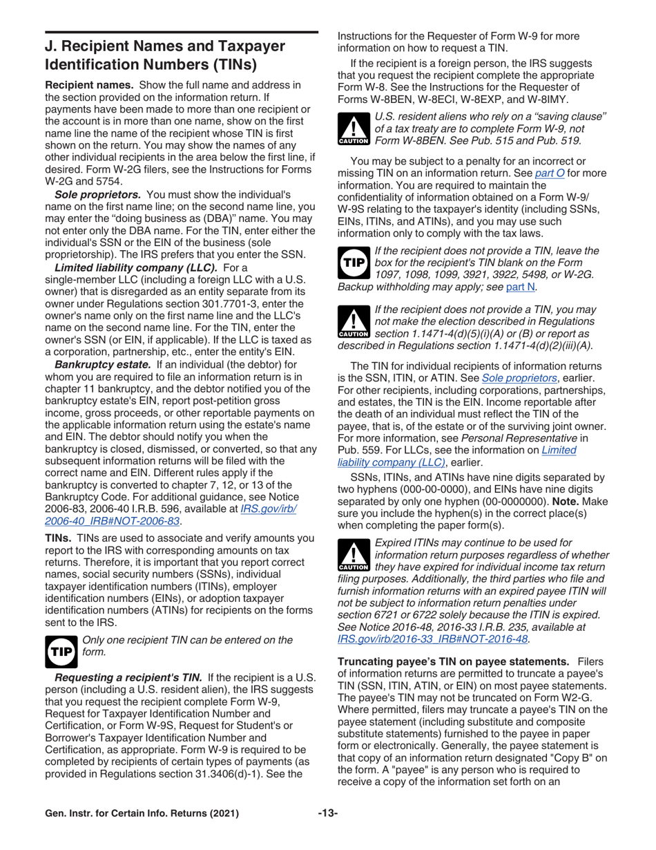 Instructions for IRS Form 1096, 1097, 1098, 1099, 3921, 3922, 5498, W-2G, Page 13