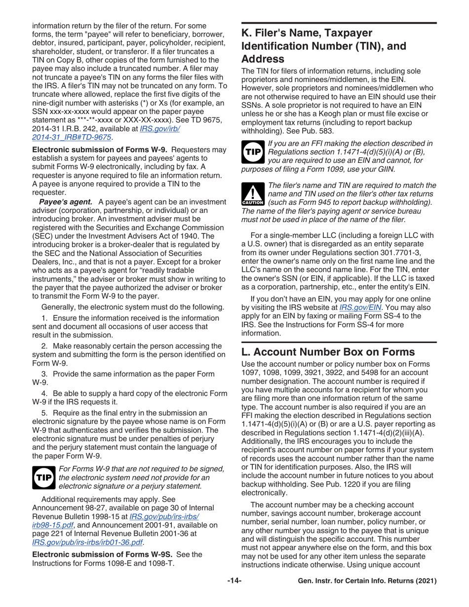 Instructions for IRS Form 1096, 1097, 1098, 1099, 3921, 3922, 5498, W-2G, Page 14
