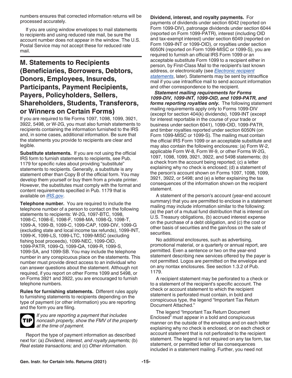 Instructions for IRS Form 1096, 1097, 1098, 1099, 3921, 3922, 5498, W-2G, Page 15