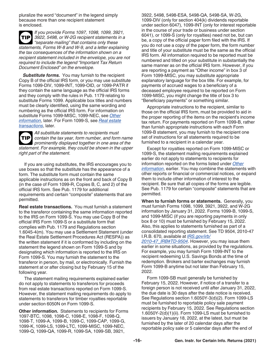 Instructions for IRS Form 1096, 1097, 1098, 1099, 3921, 3922, 5498, W-2G, Page 16