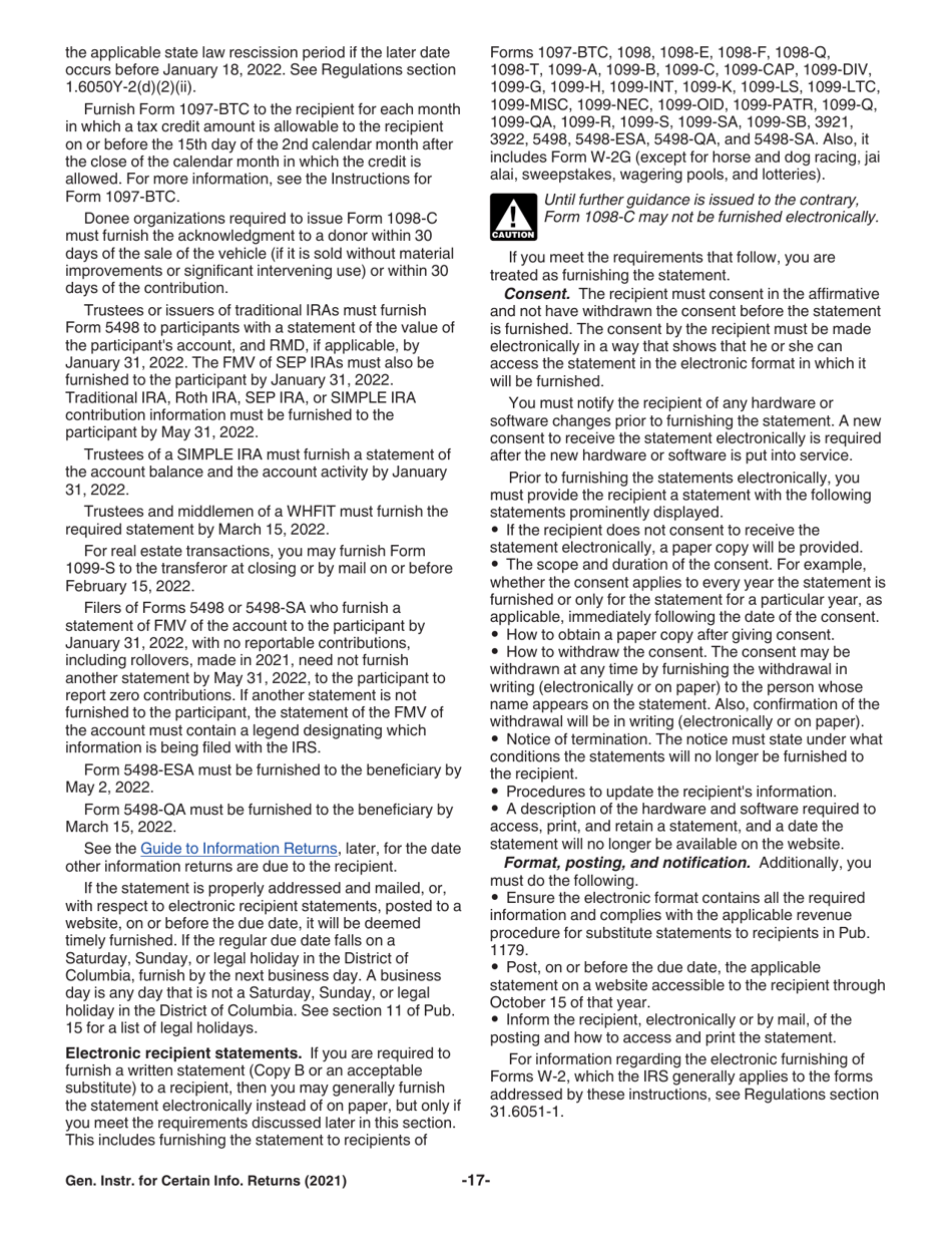 Instructions for IRS Form 1096, 1097, 1098, 1099, 3921, 3922, 5498, W-2G, Page 17