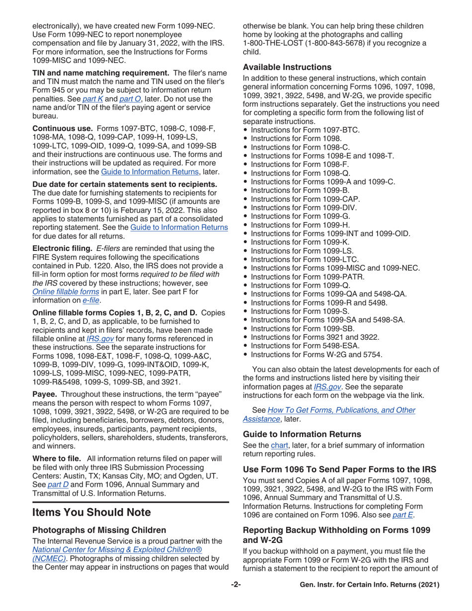 Instructions for IRS Form 1096, 1097, 1098, 1099, 3921, 3922, 5498, W-2G, Page 2
