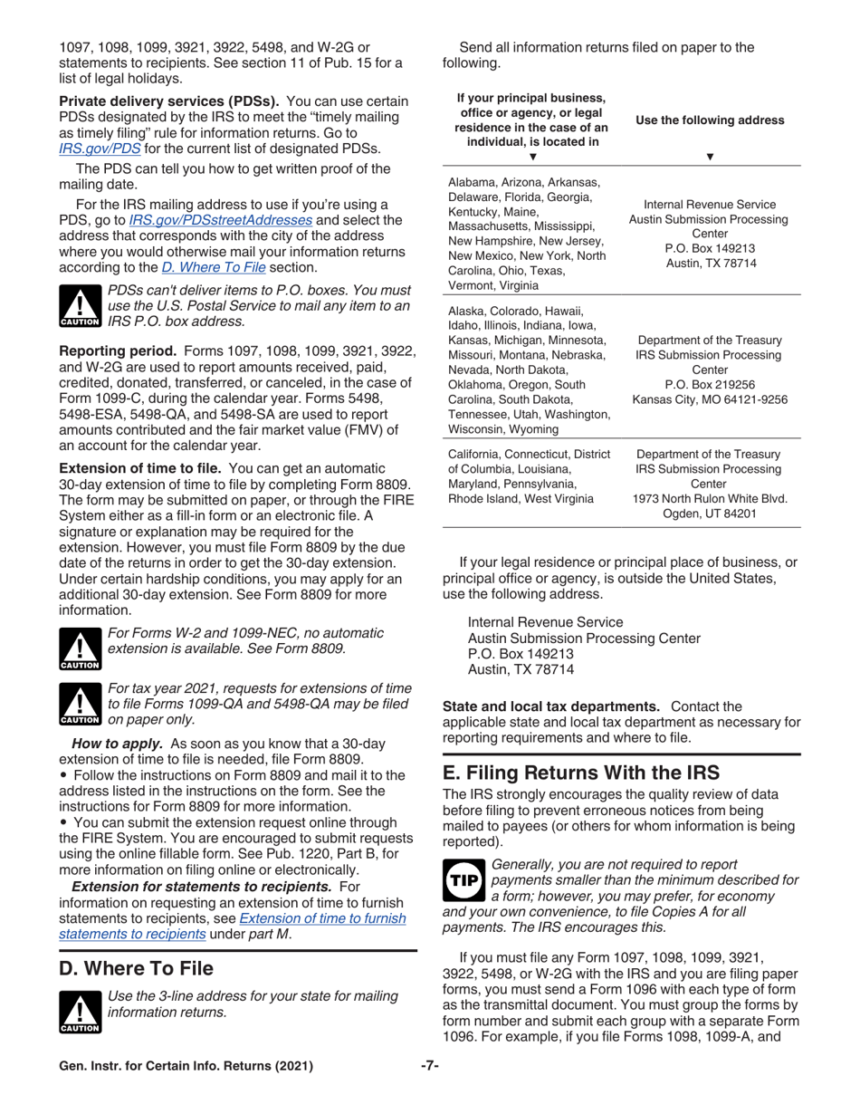 Instructions for IRS Form 1096, 1097, 1098, 1099, 3921, 3922, 5498, W-2G, Page 7
