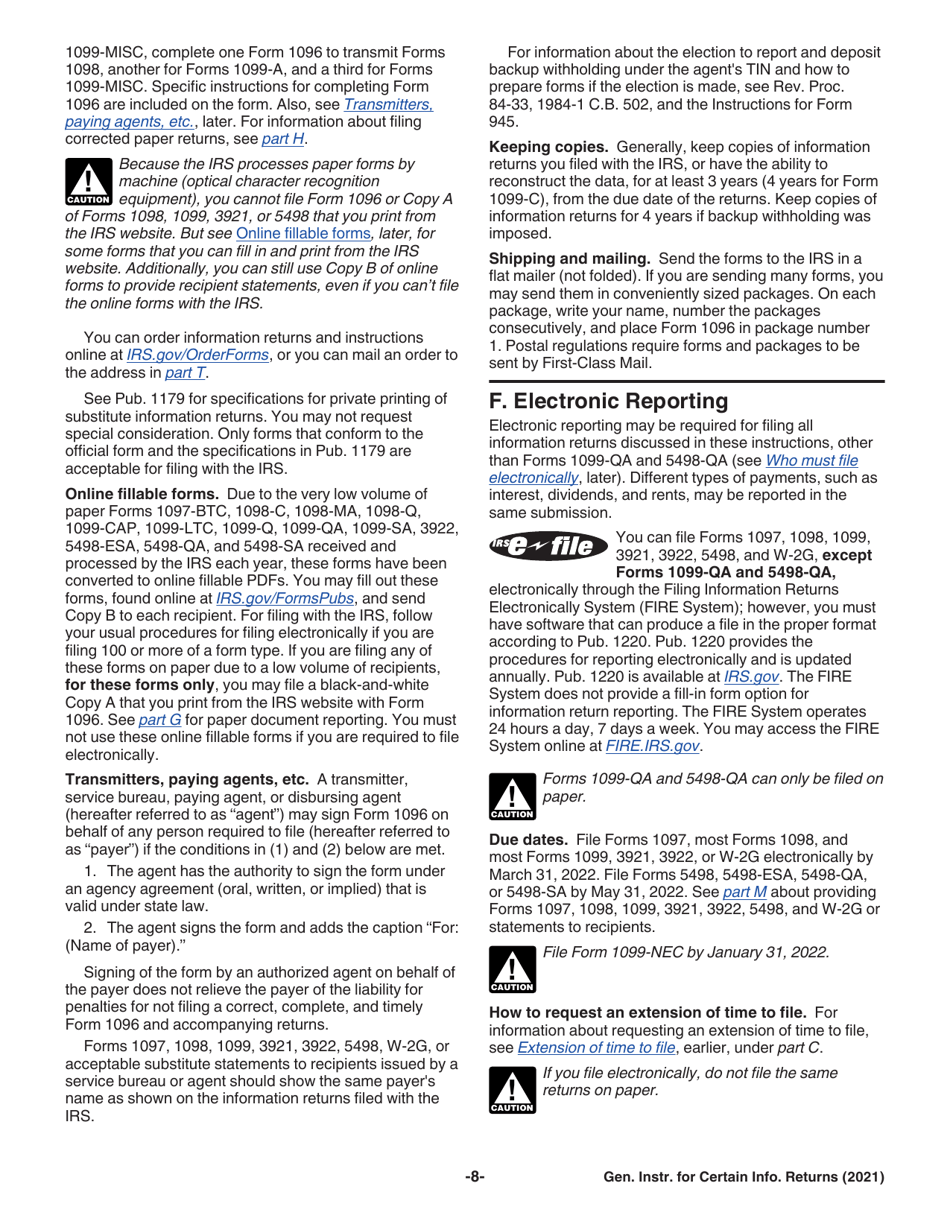 Instructions for IRS Form 1096, 1097, 1098, 1099, 3921, 3922, 5498, W-2G, Page 8