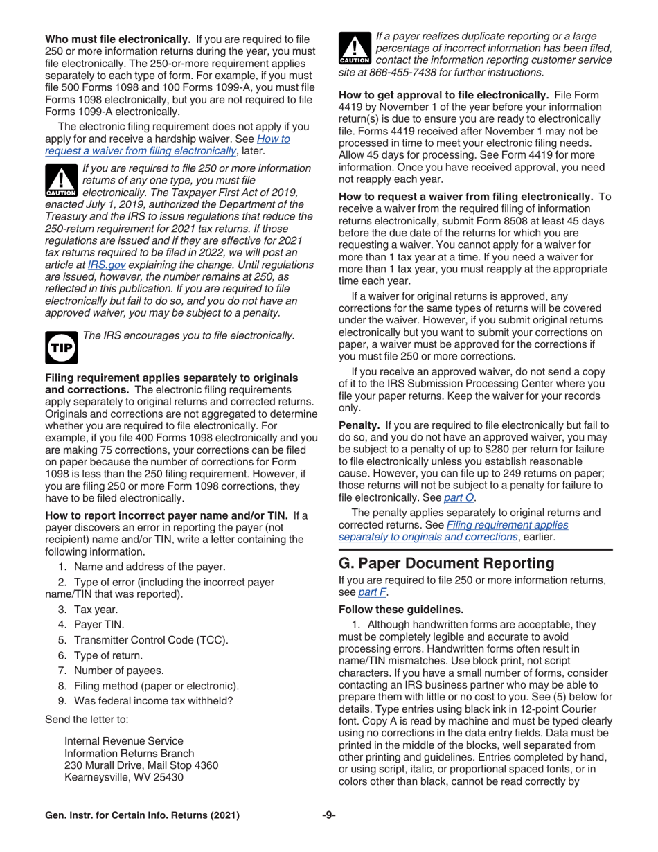 Instructions for IRS Form 1096, 1097, 1098, 1099, 3921, 3922, 5498, W-2G, Page 9