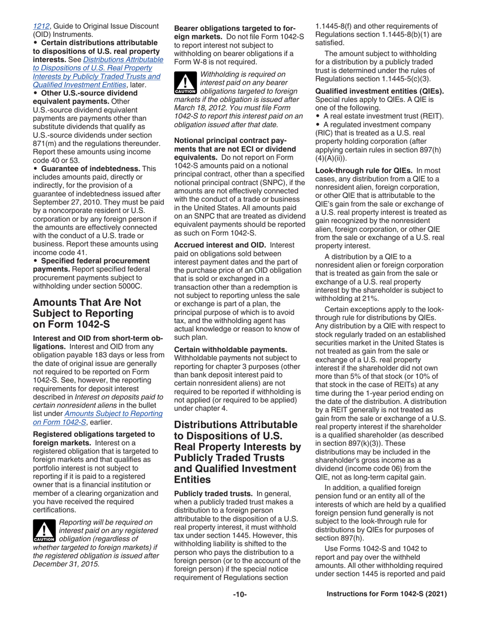 Instructions for IRS Form 1042-S Foreign Persons U.S. Source Income Subject to Withholding, Page 10