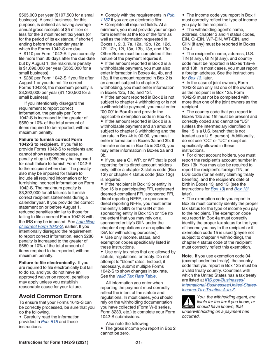 Instructions for IRS Form 1042-S Foreign Persons U.S. Source Income Subject to Withholding, Page 21