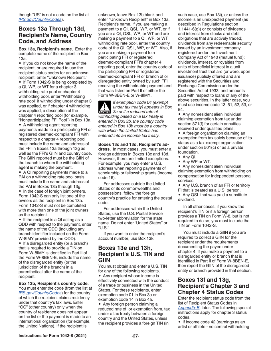 Instructions for IRS Form 1042-S Foreign Persons U.S. Source Income Subject to Withholding, Page 27