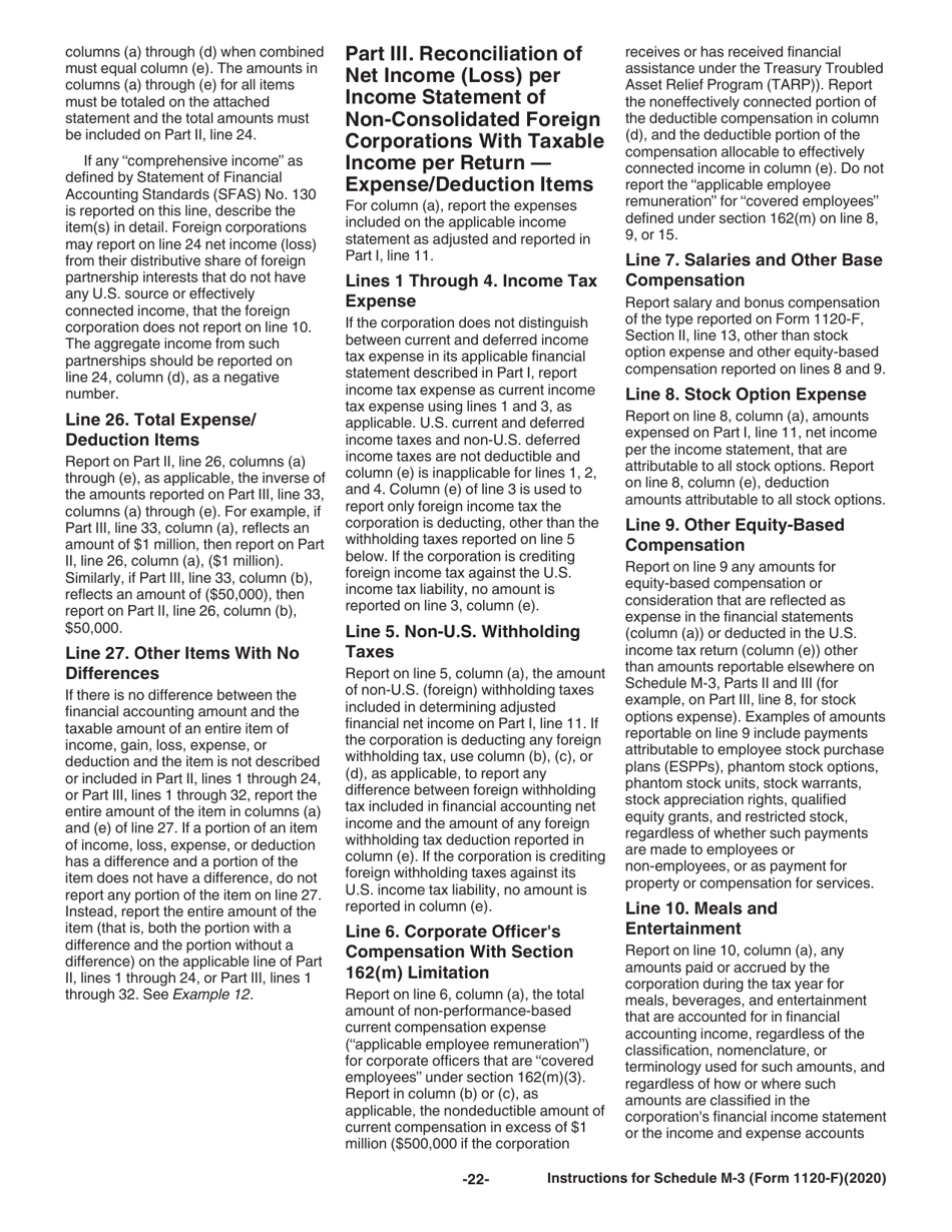 Instructions for IRS Form 1120-F Schedule M-3 Net Income (Loss) Reconciliation for Foreign Corporations With Reportable Assets of $10 Million or More, Page 22