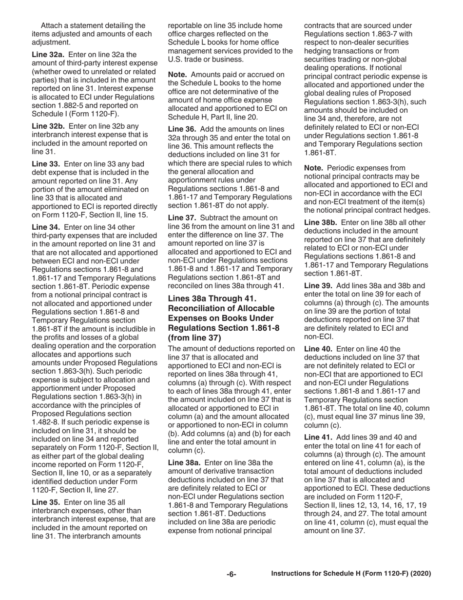Instructions for IRS Form 1120-F Schedule H Deductions Allocated to Effectively Connected Income Under Regulations Section 1.861-8, Page 6