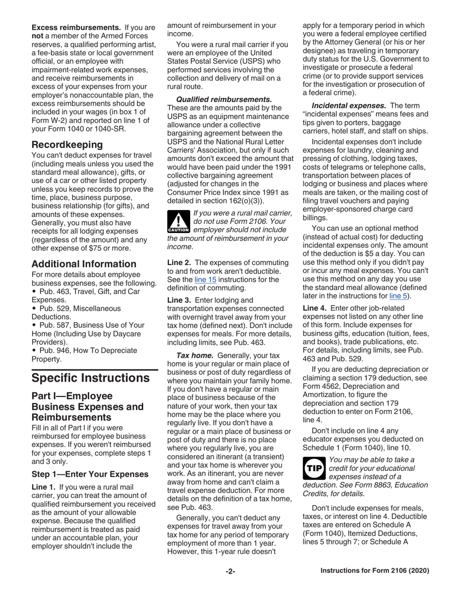 Instructions for IRS Form 2106 Employee Business Expenses, Page 2