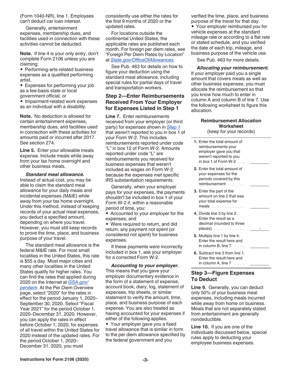 Instructions for IRS Form 2106 Employee Business Expenses, Page 3