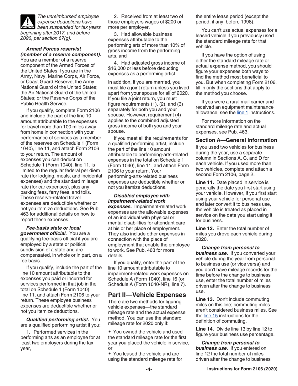 Instructions for IRS Form 2106 Employee Business Expenses, Page 4