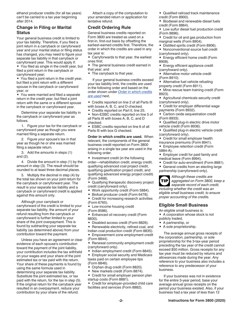 Instructions for IRS Form 3800 General Business Credit, Page 2