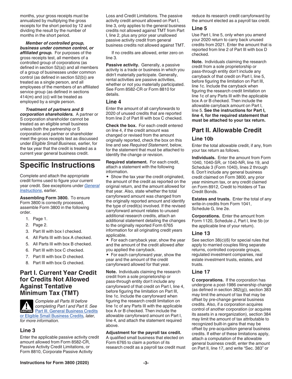 Instructions for IRS Form 3800 General Business Credit, Page 3